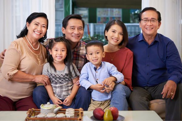 Picture of a family sitting together on a sofa